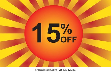 15 percent off. Discount on your price. Number in black color and background composed of a graphic element representing a sun with rays in red and yellow