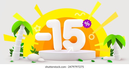 15 percent Off. Discount summer composition. Product presentation, mock up, podium. Sale banner and poster. Vector illustration.