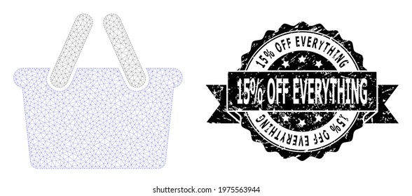 15 percent Off Everything rubber seal and vector shopping bag mesh structure. Black stamp includes 15 percent Off Everything caption inside ribbon and rosette. Abstract flat mesh shopping bag, built