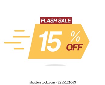 15 percent off flash sale. Sticker with offer message. Discount 15% offer price sign. Promotional vector isolated on white background
