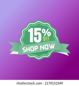 15% percent off, Green banner with purple background, and online super discount design, in Vector Illustration, (shop now)