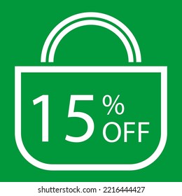 15 percent off. Green banner with shopping bag illustration.