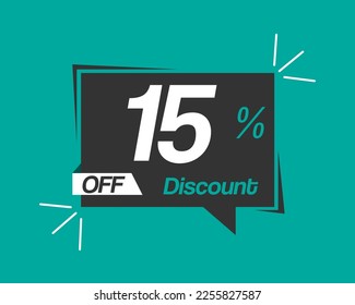 15 percent off green banner. Vector promotional with fifteen percent discount.