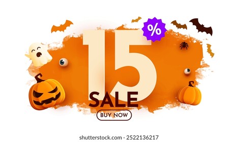 15 percent off. Halloween sale banner template. Podium and numbers with amount of discount. Special October offer. Vector illustration.