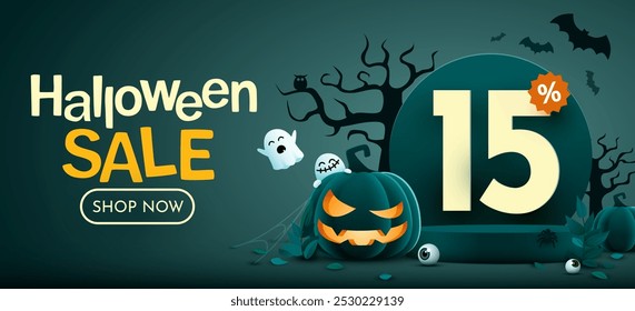 15% de desconto. Modelo de banner de venda de Halloween. Pódio e números com quantia de desconto. Oferta especial de outubro. Ilustração vetorial.