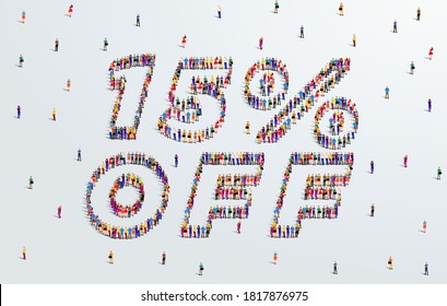 15 Percent off. Large group of people form to create a shape 15% off. Special Offer Sale Design. Vector Illustration of advertising banner.