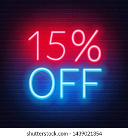 15 percent off neon lettering on brick wall background. Vector illustration