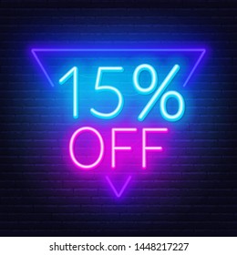 15 percent off neon lettering. Vector illustration