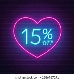 15 percent off neon sign in a heart shape frame. Valentine day discount lighting design.