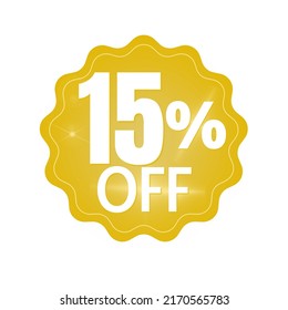15% percent off (offer), with golden yellow, sticker design (banner) and luminosity Details , online discount, mega sale, vector illustration