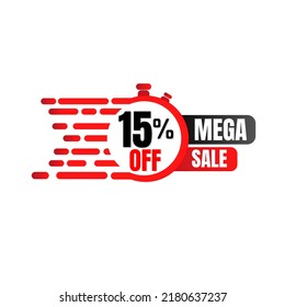 15% de descuento (oferta), mega venta, super descuento por un tiempo limitado. Diseño gráfico rojo en Ilustración vectorial, 