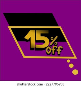 15 percent off. Purple banner with two parallelograms one black and one golden for promotions and offers.