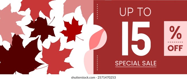 15% percent off red special sale autumn dry leaf banner, up to, modern, fashion, flat, nature, abstract