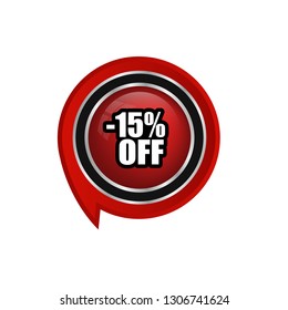 15 percent off sale button. glossy button.15% discount label.sale sticker emblem.