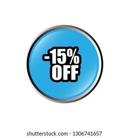 15 percent off sale button. glossy button.15% discount label.sale sticker emblem.