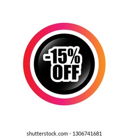 15 percent off sale button. glossy button.15% discount label.sale sticker emblem.