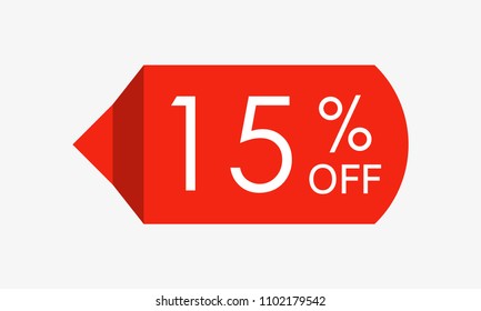 15 percent off. Sale and discount price tag, icon or sticker. Vector illustration.
