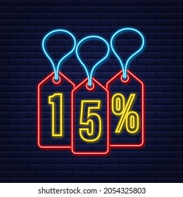 15 percent OFF Sale Discount neon tag. Discount offer price tag. 15 percent discount promotion flat icon with long shadow.