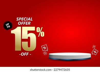 15 percent off sale isolated gold red sticker icon with podium. can used for business store.