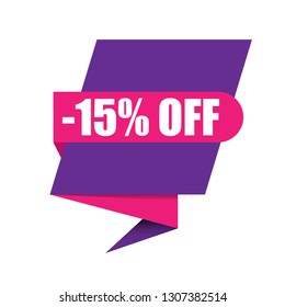 -15 percent off sale label.-15% discount promotion flat banner.-15% discount paper origami speech bubble 