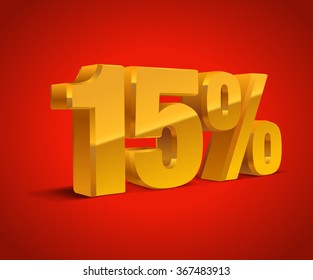 15% percent off, sale red background, golden-yellow object 3D. Eps10 Vector.