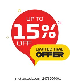 15% percent off speech bubble banners, discount tags design template, extra deals, vector illustration limited time offer