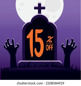 15 percent off. tomb with the phrase "15% off" and with zombie hands coming out of the ground. main color is purple