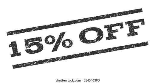 15 Percent Off watermark stamp. Text caption between parallel lines with grunge design style. Rubber seal stamp with scratched texture. Vector gray color ink imprint on a white background.