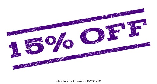 15 Percent Off watermark stamp. Text tag between parallel lines with grunge design style. Rubber seal stamp with dust texture. Vector color ink imprint on a white background.