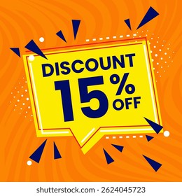 15 Percent Promotional Discount Banner Design with Yellow Balloon and Orange Background for Sales, Offers, and Marketing Promotions