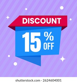 15 Percent Promotional Discount Banner Design with Blue Balloon and Purple Background for Sales, Offers, and Marketing Promotions