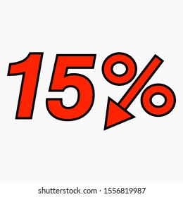 The 15 percent reduction icon is red.  Price drop. Interest rate reduction. Sell-out. Stock symbol. Discount. Markdown of goods. Bonus discount. Vector icon.