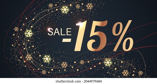 15 Percent Sale Background with golden shiny numbers and snowflakes on black. New Year, Christmas and Black Friday holiday discount design template. Seasonal promotion poster