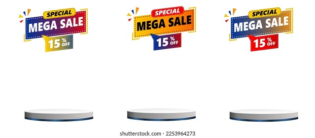 15 Percent Sale banner template design set multicolor with podium on white background, mega sale special offer. Vector illustration. Can used for business store event.