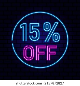 15 percent SALE glowing neon lamp sign. Vector illustration.