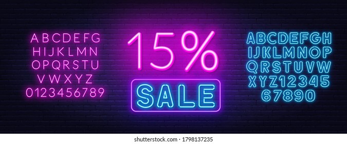 15 Percent Sale Neon Sign On Brick Wall Background. Discount Template.