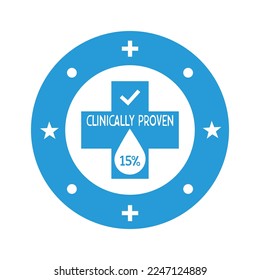 Icono vector clínicamente comprobado del 15%. Insignia vectorial, probada clínicamente, aprobada. Icono de resultado garantizado clínicamente comprobado. Pegatina, etiqueta o vectores de sello.