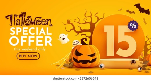 15 percents off. Halloween sale banner template. Podium and numbers with amount of discount. Special October offer. Vector illustration.