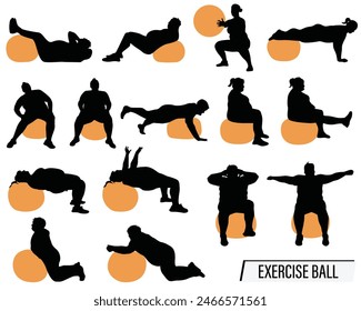 15 plus size silhouettes doing core exercises on stability ball isolated on white background. Fitness exercises on balance balls, weight loss well-being. Graphic resources, infomercial posters, logos.