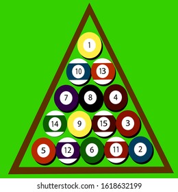 15 pool game balls with triangle set up