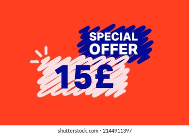 15 Pound OFF Sale Discount banner shape template. Super Sale 15 Special offer badge end of the season sale coupon bubble icon. Modern concept design. Discount offer price tag vector illustration.