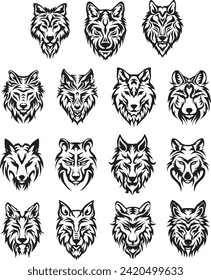 15 A powerful and striking wolf head illustration in black and white set, showcasing the intricate details of its fur and intense gaze