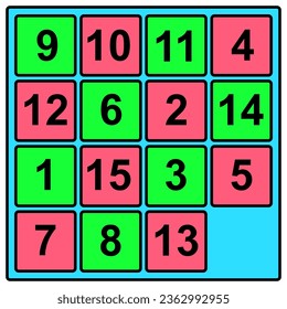 15 Puzzle math game also called Gem Puzzle, Boss Puzzle, Game of Fifteen, Mystic Square