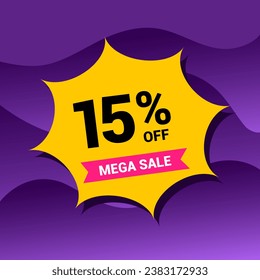 15% sale badge vector illustration on a purple gradient background. Fifteen percent price tag. Yellow and purple.