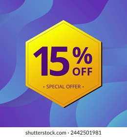 15% Sale and Discount Label. Fifteen percent Sale Discount label Geometric design. Abstract Blue and Yellow Hexagon. Vector illustration.