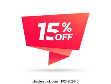 15% sale or discount tag, sticker or origami label. 15 percent price off badge. Promotion, ad banner, promo coupon design element. Vector illustration.