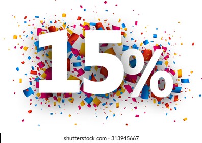 15% sale sign with colour confetti. Vector paper illustration.