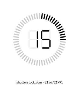 15 Sec. 15 Min. Fifteen Sec Or Fifteen Min On Timer. Icon Of Seconds. Round Stopwatch For Time, Countdown And Stop. Graphic Symbol Isolated On White Background. Vector.