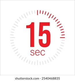 15 segundos Timer, relógio, cronômetro ícones isolados. Símbolo de timer de contagem regressiva. Hora de cozimento do rótulo. Segundo temporizador, Medida de tempo, Cronômetro, Alarme, Temporizador de cozinha, etiqueta, adesivo, selo. Ilustração vetorial