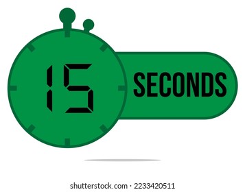 15 Seconds timer clock. Digital timer with 15 sec icon. Time measure and countdown. Chronometer green icon isolated on white background